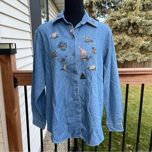 VTG Christoper & Banks Denim Button Top Womens Lrg Embroidered Zoo Safari Animal